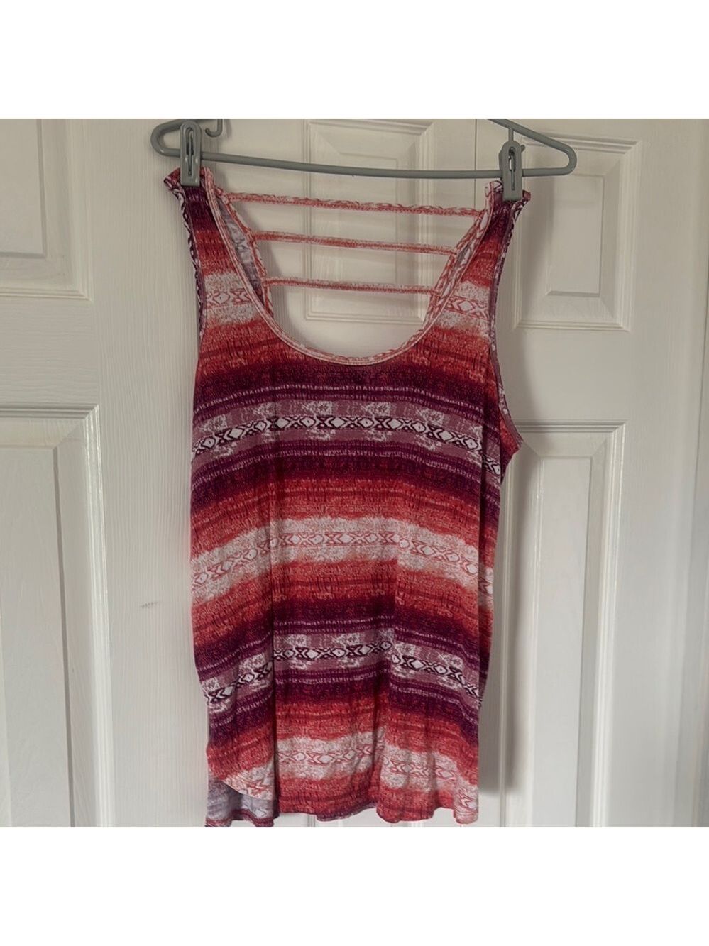Red and Pink Sleeveless Tank Top with Geometric Stripes